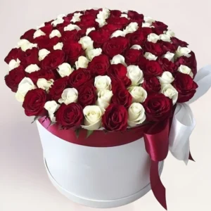 101 бело-красная роза в коробке в Алматы