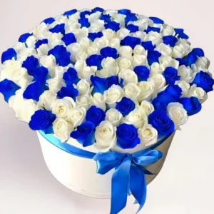101 сине-белая роза в коробке